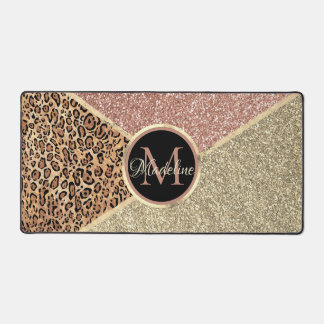 Striped Rose Gold Glitter Leopard Monogram Desk Mat