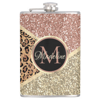 Striped Rose Gold Glitter Leopard Monogram Flask