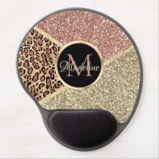 Striped Rose Gold Glitter Leopard Monogram Gel Mouse Pad