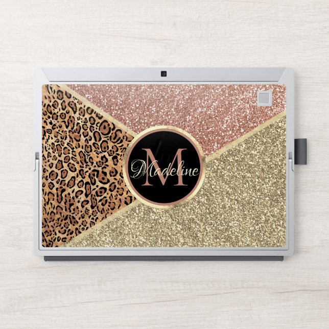 Striped Rose Gold Glitter Leopard Monogram HP Laptop Skin (Front)