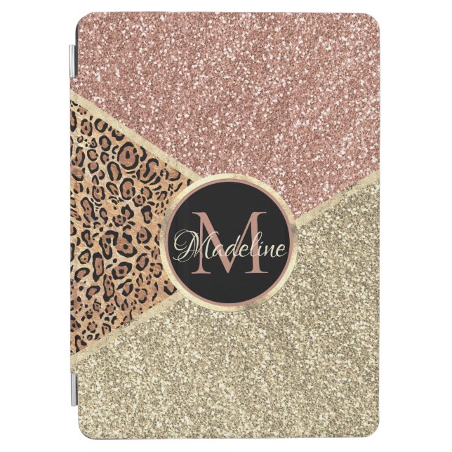 Striped Rose Gold Glitter Leopard Monogram iPad Air Cover (Front)