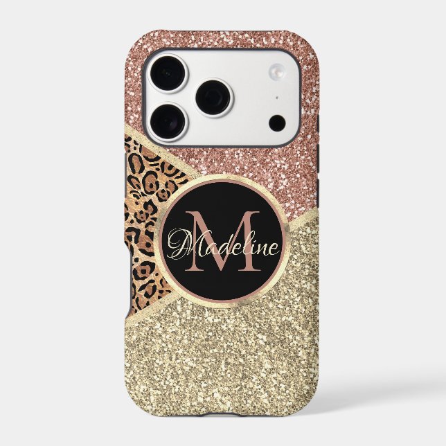 Striped Rose Gold Glitter Leopard Monogram Iphone Case (Back)