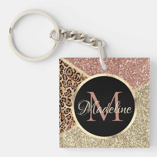 Striped Rose Gold Glitter Leopard Monogram Keychain (Front)