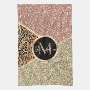 Striped Rose Gold Glitter Leopard Monogram Kitchen Towel