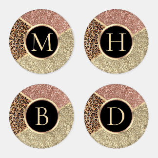 Striped Rose Gold Glitter Leopard Monogram Letter Coaster Set