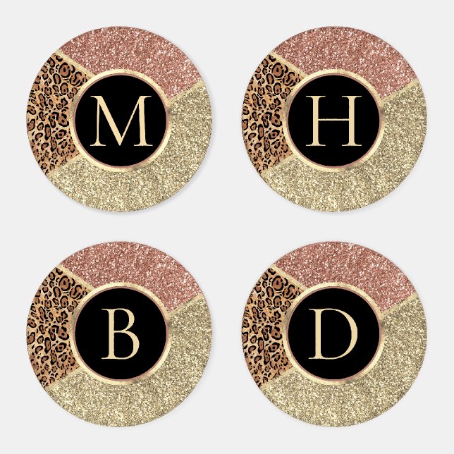 Striped Rose Gold Glitter Leopard Monogram Letter Coaster Set (Set)