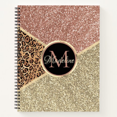 Striped Rose Gold Glitter Leopard Monogram Letter Notebook