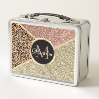 Striped Rose Gold Glitter Leopard Monogram Metal Lunch Box