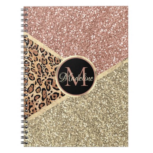 Striped Rose Gold Glitter Leopard Monogram Notebook