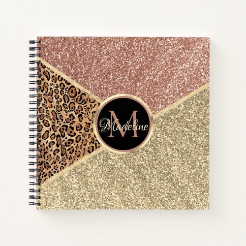 Striped Rose Gold Glitter Leopard Monogram Notebook