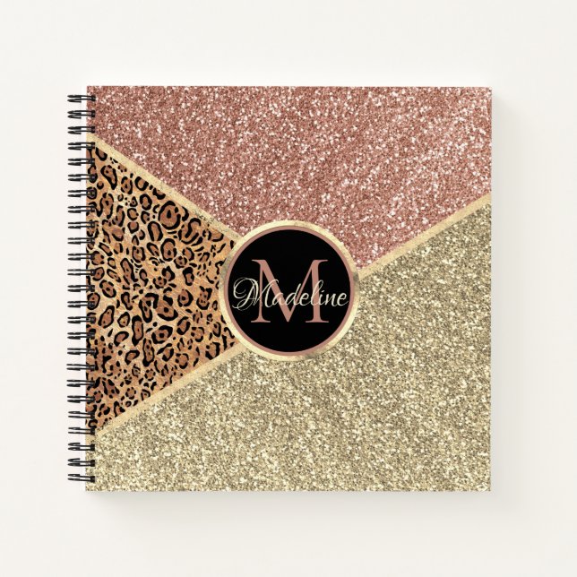 Striped Rose Gold Glitter Leopard Monogram Notebook (Front)