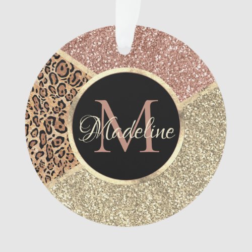 Striped Rose Gold Glitter Leopard Monogram Ornament