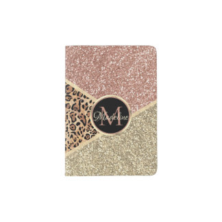 Striped Rose Gold Glitter Leopard Monogram Passport Holder