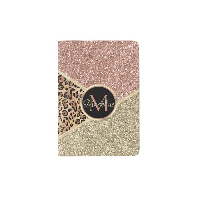 Striped Rose Gold Glitter Leopard Monogram Passport Holder (Front)