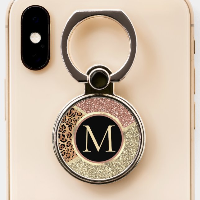 Striped Rose Gold Glitter Leopard Monogram Phone Ring Stand (Close Up)