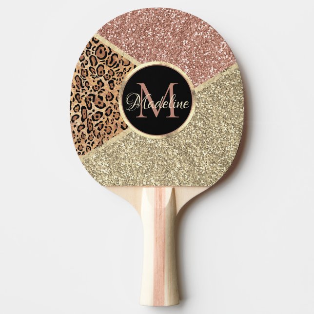Striped Rose Gold Glitter Leopard Monogram Ping Pong Paddle (Front)