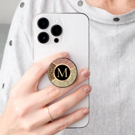 Striped Rose Gold Glitter Leopard Monogram PopSocket (Hand)