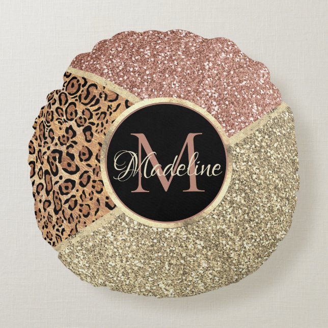 Striped Rose Gold Glitter Leopard Monogram Round Pillow (Front)