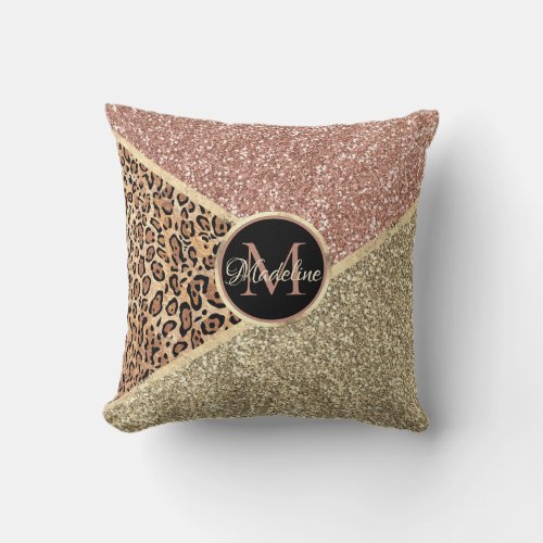 Striped Rose Gold Glitter Leopard Monogram Throw Pillow