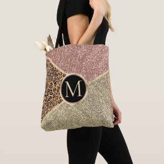 Striped Rose Gold Glitter Leopard Monogram Tote Bag