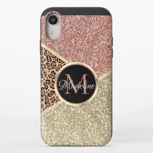 Striped Rose Gold Glitter Leopard Monogram iPhone XR Slider Case