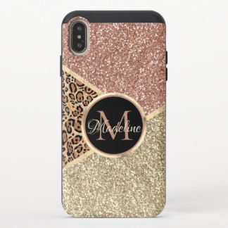 Striped Rose Gold Glitter Leopard Monogram iPhone XS Max Slider Case