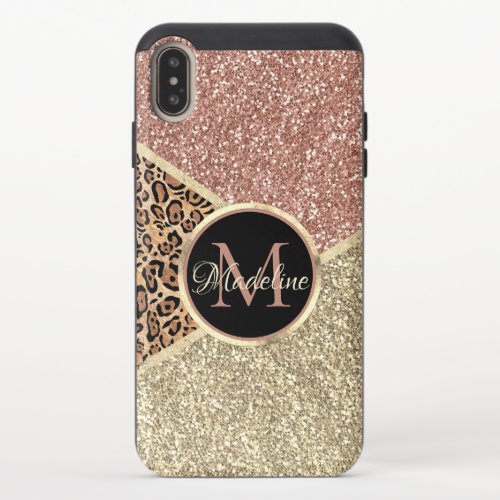 Striped Rose Gold Glitter Leopard Monogram iPhone XS Max Slider Case