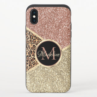 Striped Rose Gold Glitter Leopard Monogram iPhone X Slider Case