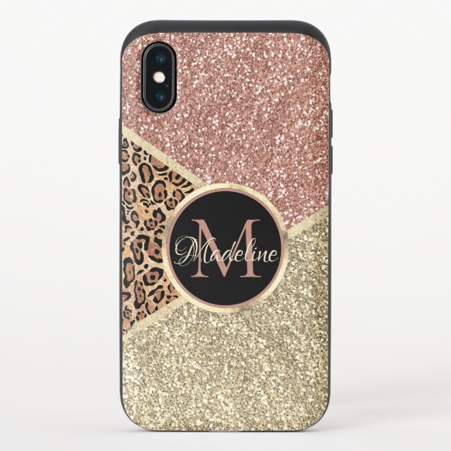 Striped Rose Gold Glitter Leopard Monogram Uncommon iPhone Case (Back)