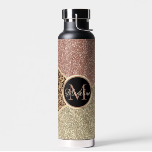 Striped Rose Gold Glitter Leopard Monogram Water Bottle