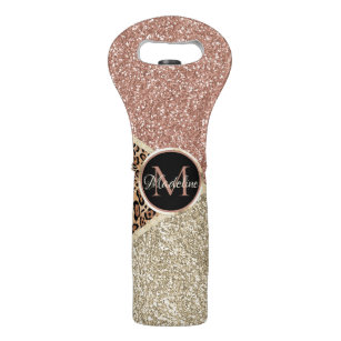 Striped Rose Gold Glitter Leopard Monogram Wine Bag