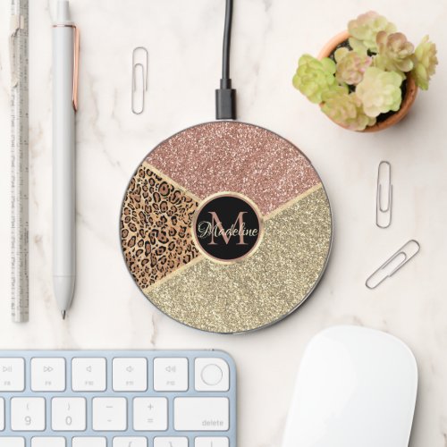 Striped Rose Gold Glitter Leopard Monogram Wireless Charger