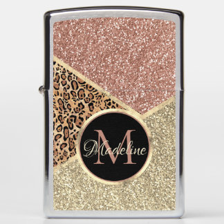 Striped Rose Gold Glitter Leopard Monogram Zippo Lighter