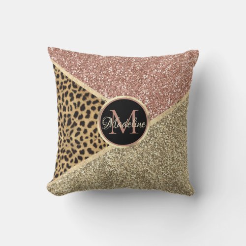 Striped Rose Gold Glitter Leopard Personalized Throw Pillow