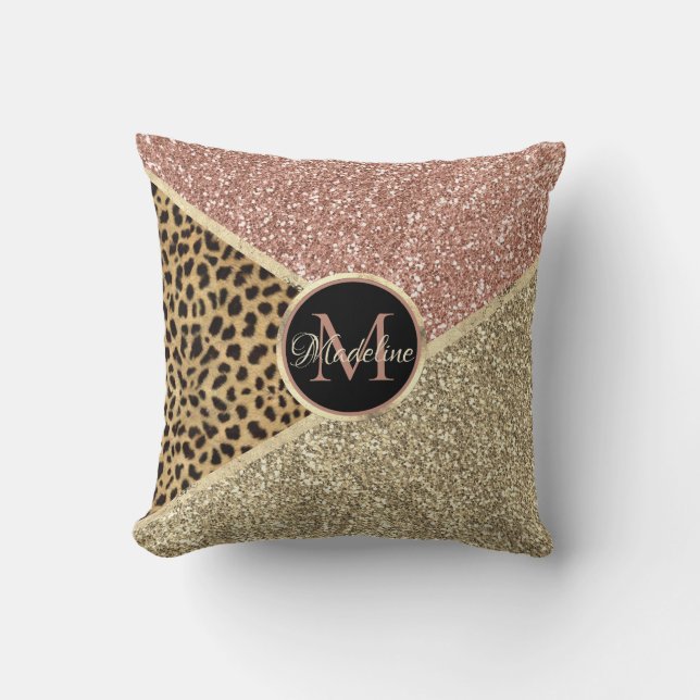 Striped Rose Gold Glitter Leopard Personalized Throw Pillow (Front)