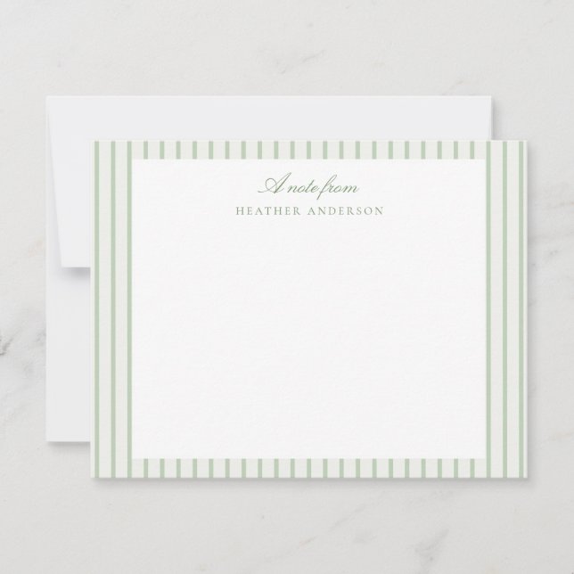 Striped Sage Green Classic Personalized Stationery Note Card (Front)