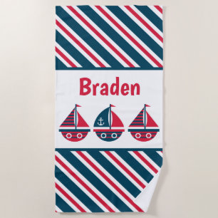 Striped Sailboats Personalized Beach Towel