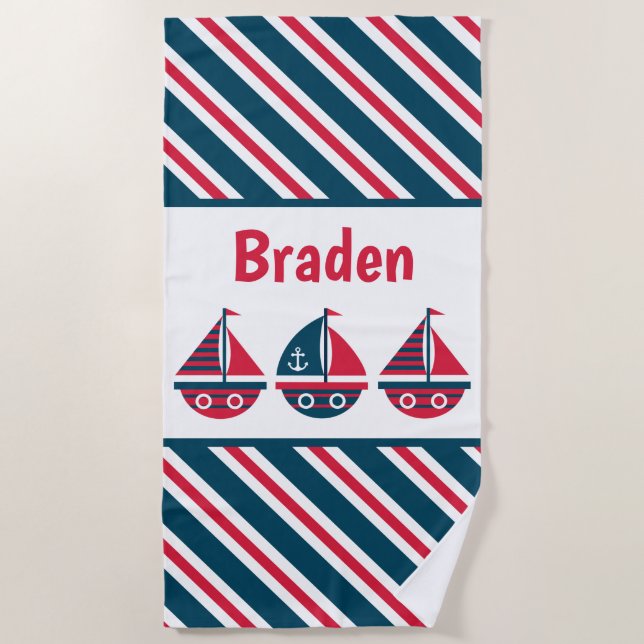 Striped Sailboats Personalized Beach Towel (Front)