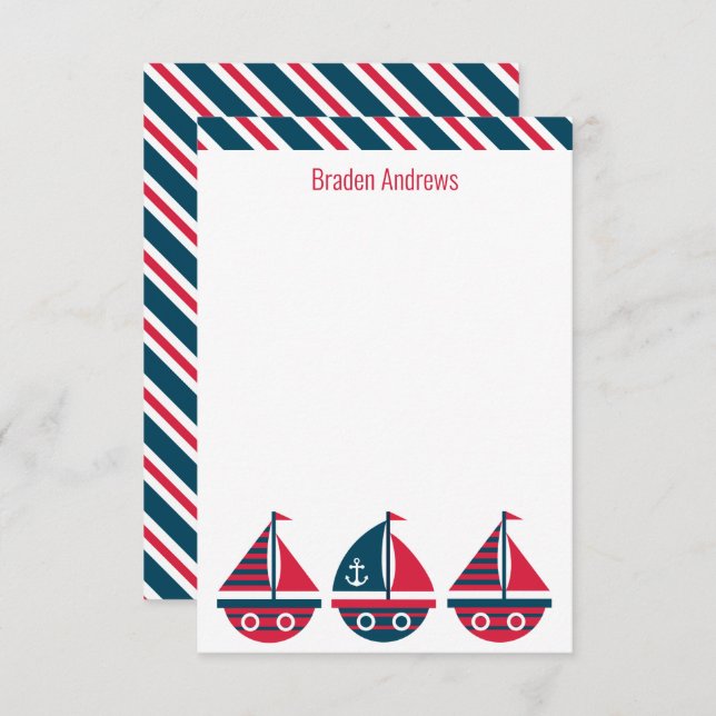 Striped Sailboats Personalized Note Cards (Front/Back)
