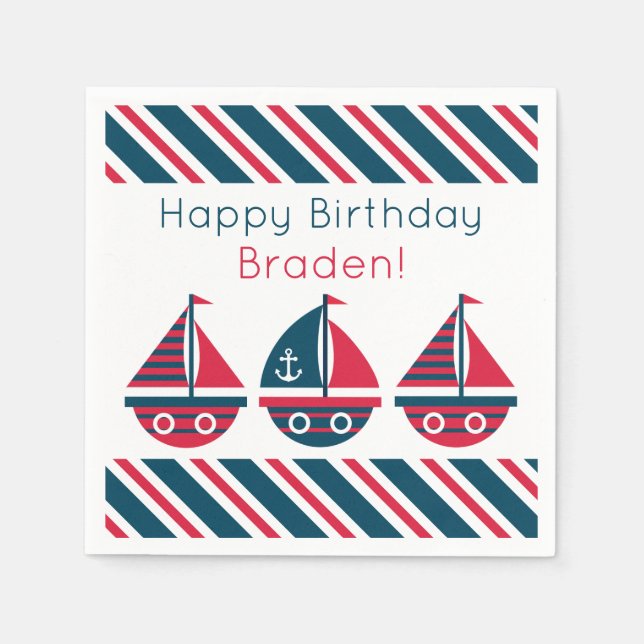 Striped Sailboats Personalized Party Napkins (Front)