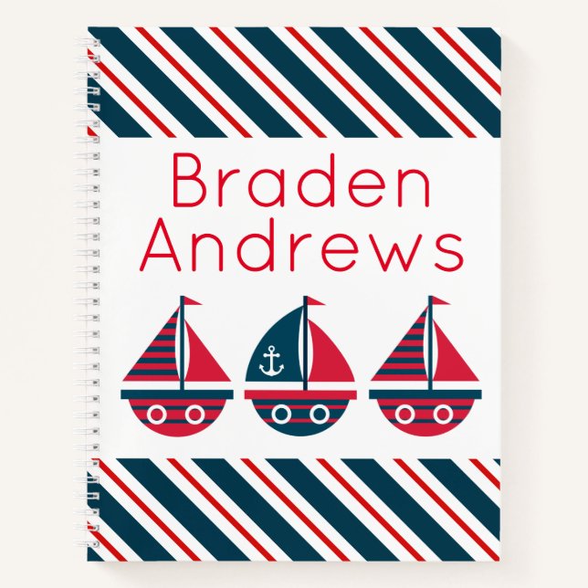 Striped Sailboats Personalized Spiral Notebook (Front)