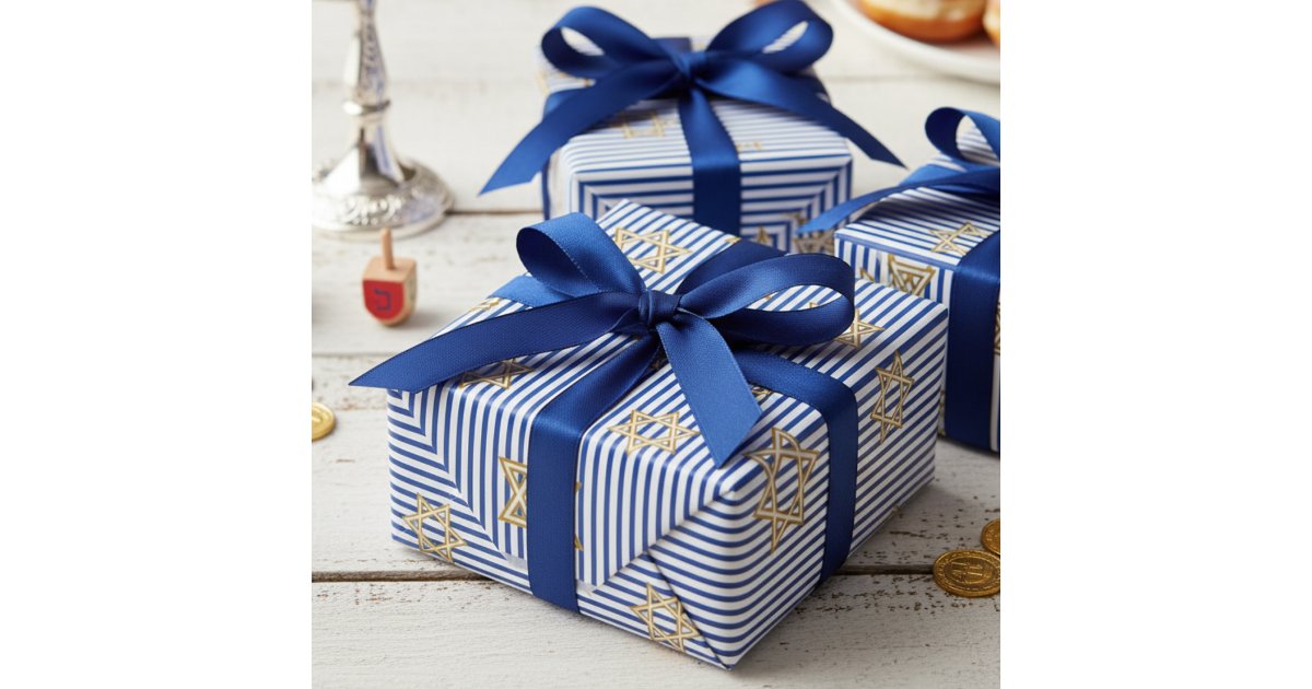 Striped Sapphire Blue Jewish Gold Star of David Wrapping Paper | Zazzle