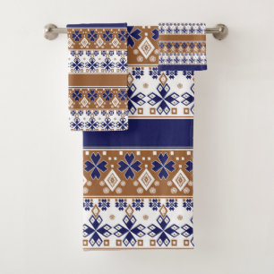 Striped scandinavian pattern brown blue bath towel set