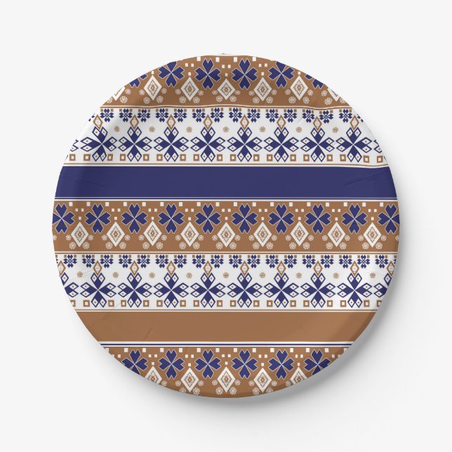 Striped scandinavian pattern brown blue paper plates (Front)