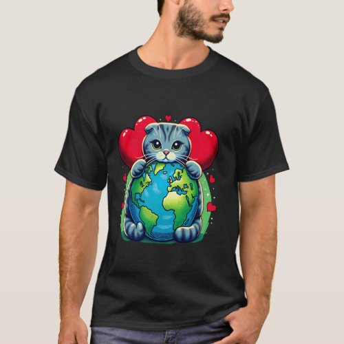 Striped Scottish Fold Cat Earth Day Hug Love Owner T-Shirt