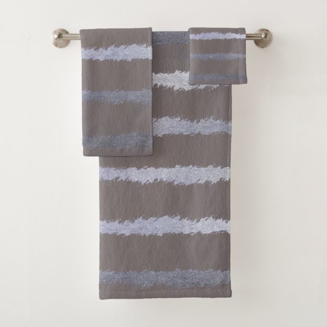 Striped silver look gray taupe metallic look bath towel set (Insitu)