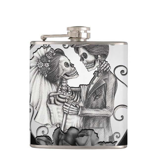 Striped Skeleton Love Couple Marriage Dance Flask (Front)