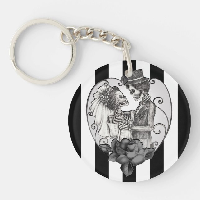Striped Skeleton Love Couple Marriage Dance Keychain (Front)