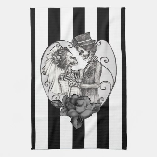 Striped Skeleton Love Couple Marriage Dance Kitchen Towel