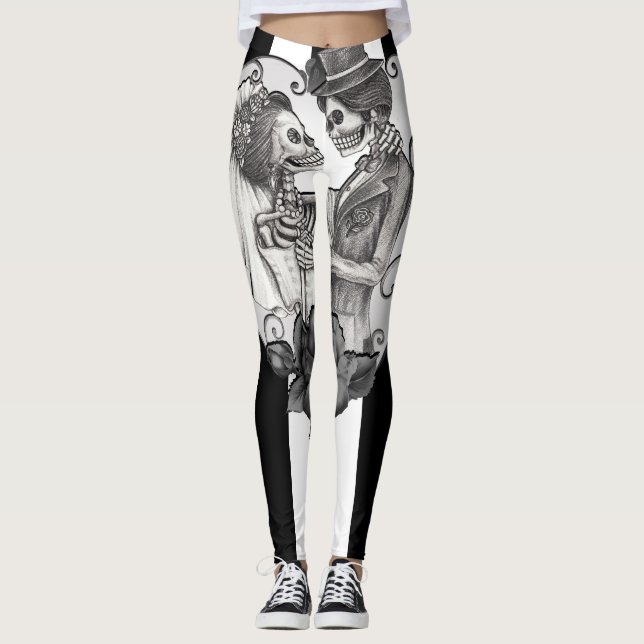 Striped Skeleton Love Couple Marriage Dance Leggings (Front)